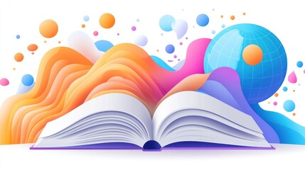 Aufkleber - Open book with colorful abstract shapes and spheres around it