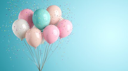 Poster - Bunch of colorful balloons float with confetti on blue background