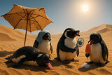Comic penguins struggling in desert heat with umbrella and fan