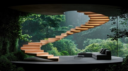 Poster - Interior space features modern staircase and panoramic forest view