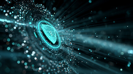 Poster - abstract teal digital shield icon, glowing in dark space with light streaks, symbolizing cybersecuri