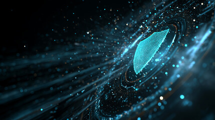 Poster - abstract blue digital shield on dark background, glowing particles swirl, creating futuristic, techn