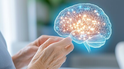 Poster - Holographic brain illustration with illuminated nodes and senior hands
