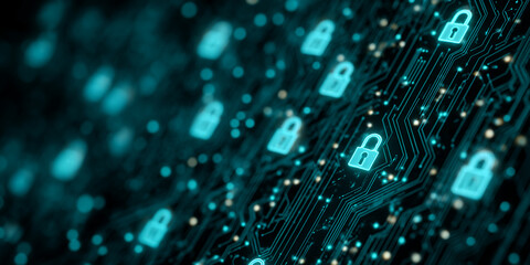 Poster - Abstract image of glowing teal padlock icons on a circuit board, symbolizing digital security and data protection