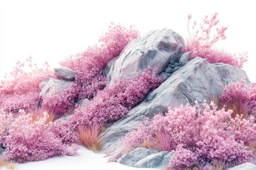 Poster - Surreal landscape with vibrant pink vegetation and rocky formations under bright light at midday