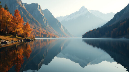  tranquil mountain lake surrounded warm golden hues autumn foliage reflected majestically calm water glassy surface crisp