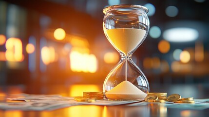Poster - Hourglass measuring sand over money highlighting the fleeting nature of wealth