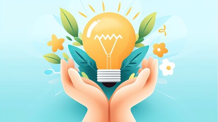 Poster - Hands cradling a light bulb surrounded by flowers and leaves