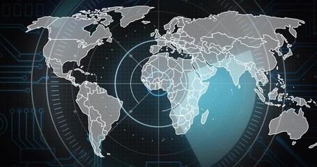 Poster - Stylized world map being animated on navy grid showing blue sector, radar circles, circuit nodes
