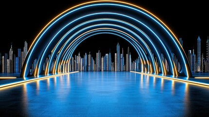 Poster - Futuristic glowing arches framing a distant cityscape under a black sky