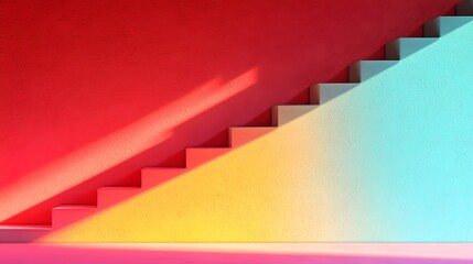 Poster - Pastel Colored Wall with Minimal Shadow and Staircase