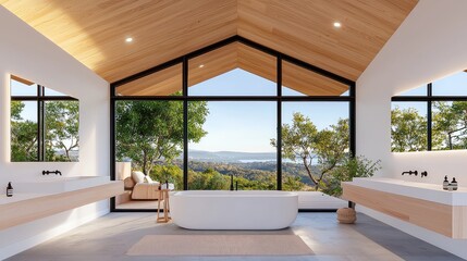Poster - Elegant modern bathroom with stunning mountain view through large windows