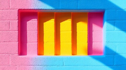 Poster - Pastel Pink and Blue Wall Texture with Yellow Geometric Shapes and Shadow Play