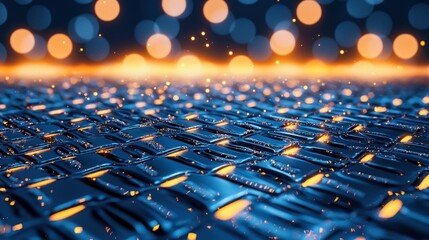Poster - Abstract blue metallic surface with glowing orange bokeh background