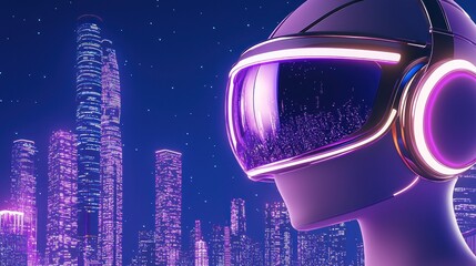 Fototapete - Mannequin head wears virtual reality headset in futuristic city