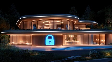 Aufkleber - Modern house with security features at night illuminated