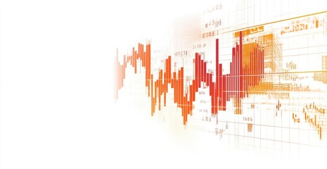 Wall Mural - Abstract financial chart with orange and red data visualizations.  Overlaid graphs and fluctuating values, creating a dynamic, impactful image