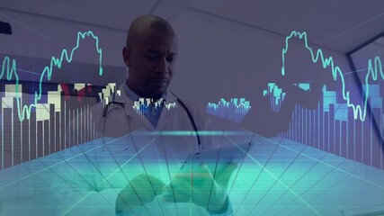 Poster - Medical doctor reviewing handheld device while viewing holographic grid, bar charts and line graphs