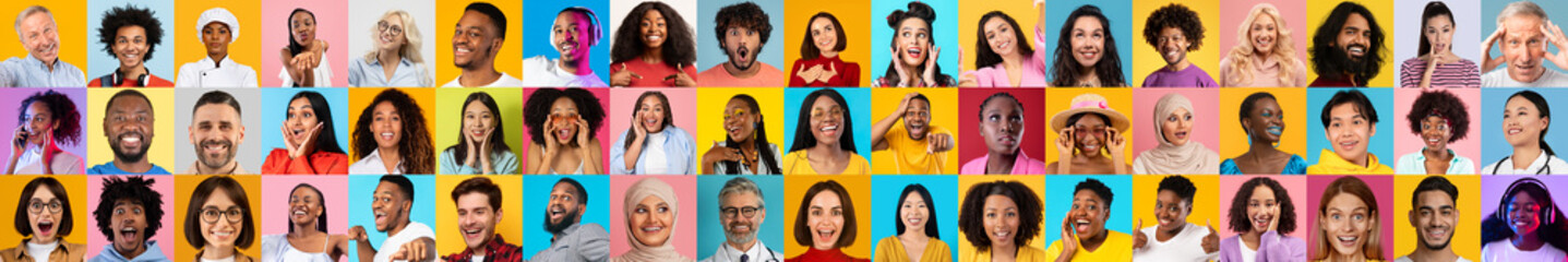 Poster - A lively collage features a collection of diverse faces smiling and expressing joy against colorful backgrounds. Each portrait captures unique cultures and the essence of community.