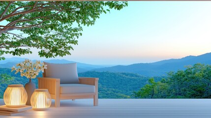 Aufkleber - Serene outdoor seating area overlooks scenic mountain vista landscape