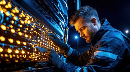 Poster - Technician examines complex wiring system in the dark environment