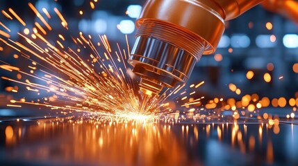 Poster - Industrial robot arm welding with bright sparks and reflections