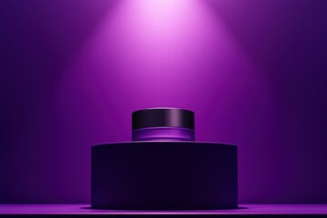 Poster - Elegant purple perfume bottle illuminated by soft light on a textured pedestal in a studio setting during evening hours