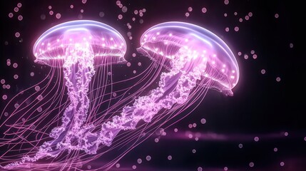 Poster - Two jellyfish float gently in a dark purple ambient space