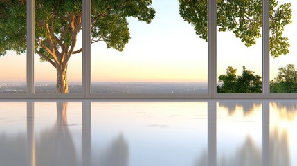 Aufkleber - Beautiful view of trees and distant city through large windows