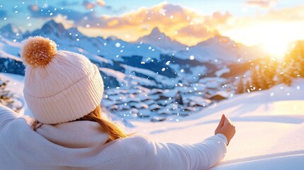 Poster - Woman admires snowy mountain range during beautiful winter sunset