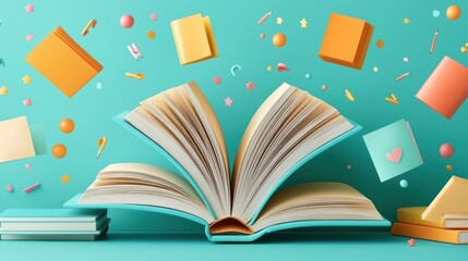 Aufkleber - Open book with floating school supplies on a turquoise background