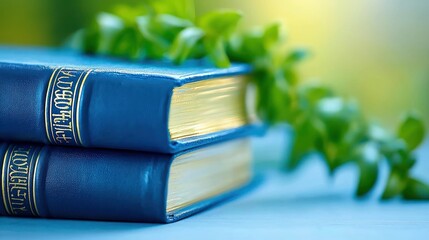 Poster - Stacked blue books with golden edges and green leaves