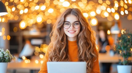 Poster - Woman with glasses smiling in front of bokeh lights