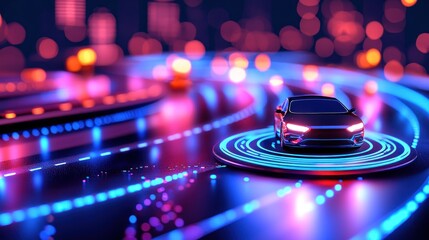 Poster - Modern electric car highlighted by neon lights in futuristic cityscape