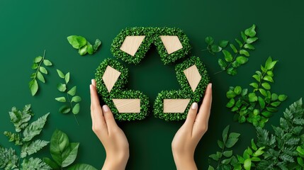 Poster - Hands gently hold a grass recycle symbol on green background