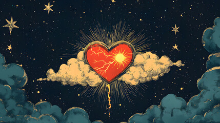 Aufkleber - A vibrant illustration of a heart surrounded by clouds and stars, radiating warmth and energy in a night sky setting.