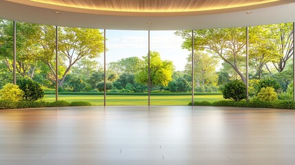 Aufkleber - Interior space with floor to ceiling curved windows and greenery
