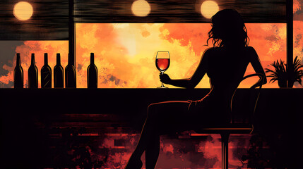 Aufkleber - A silhouette of a woman sitting at a bar, holding a drink as she gazes at a vibrant sunset.