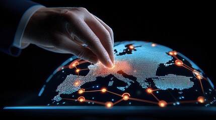 Fototapete - Hand touching digital globe showing europe and network connections