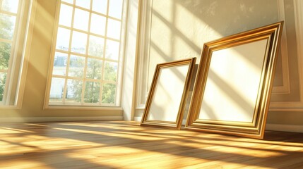Poster - Two empty golden frames leaning against a wall in a sunlit room with hardwood floors and large windows.