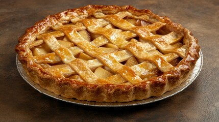 Poster - Delicious golden-brown apple pie with a lattice crust, on a metallic pan, against a brown background.