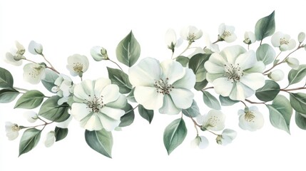 Poster - Elegant seamless border of watercolor white flowers and green leaves on white background.