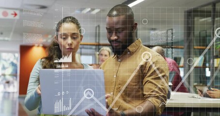 Poster - Man pointing screen and woman holding laptop in library, displaying education graphs