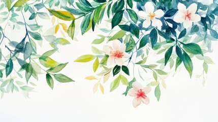 Poster - Watercolor painting of lush green leaves and delicate peach and white flowers hanging down.