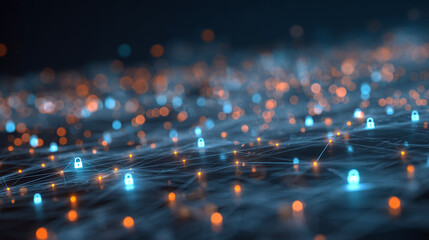 Poster - Abstract network graphic with glowing nodes and padlock icons, symbolizing cybersecurity, data protection, and digital security