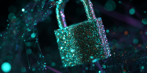 Poster - glittery teal padlock against a dark background with bokeh lights and geometric lines, symbolizing d