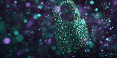 Poster - glittering teal padlock amidst bokeh lights and network lines, symbolizing digital security and onli