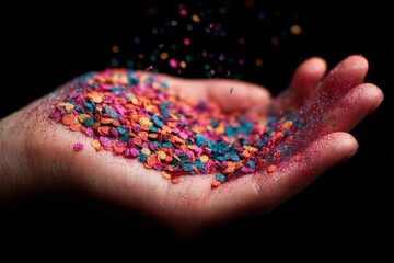 Poster - An open hand holding a pile of vibrant confetti against a dark background, with bokeh effect and an artistic feel, conveying celebration and festive mood.