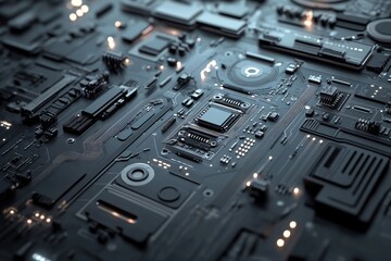 Fototapete - The gray cyber armor is depicted in a close-up 3D illustration, surrounded by neon lights and featuring abstract graphics similar to those in computer games