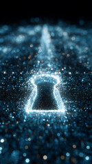 Poster - abstract image of a keyhole shape formed by bright particles on a dark blue sparkling background, sy
